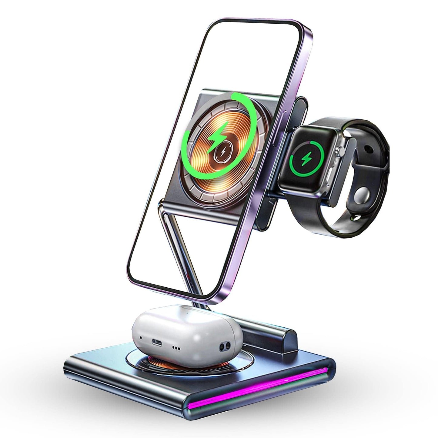 Incarcator Wireless 3 in 1 Timebox, 15W, Pliabil, lumina RGB, Samsung, Gri