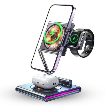 Incarcator Wireless 3 in 1 Timebox, 15W, Pliabil, lumina RGB, Samsung, Gri