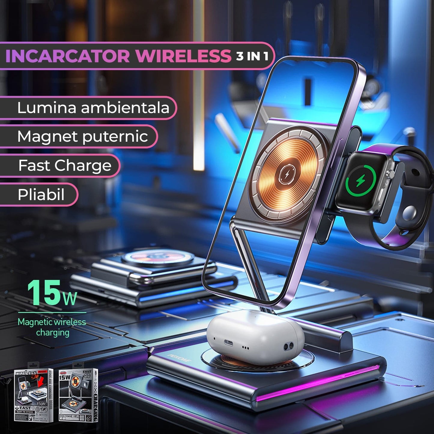 Incarcator Wireless 3 in 1 Timebox, 15W, Pliabil, lumina RGB, Samsung, Gri