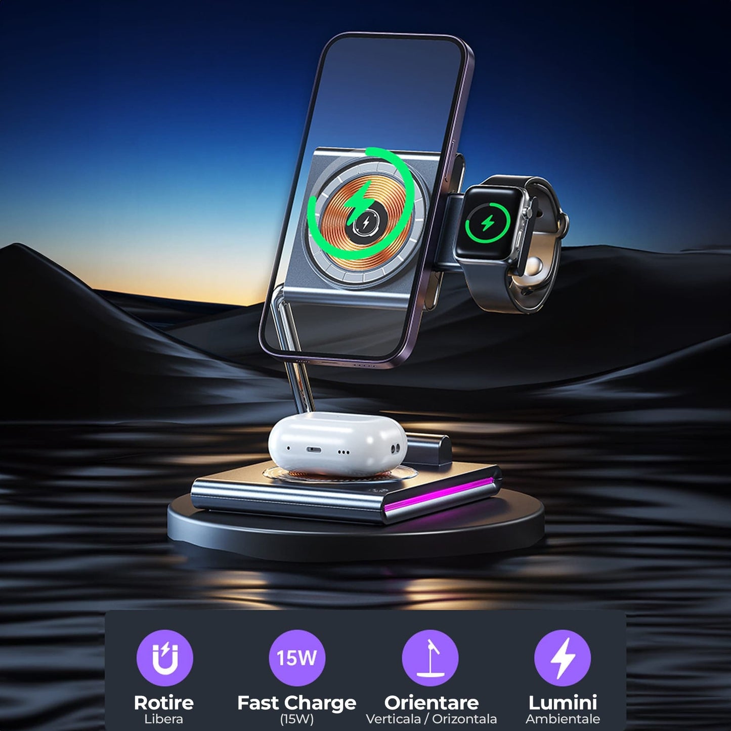 Incarcator Wireless 3 in 1 Timebox, 15W, Pliabil, lumina RGB, Samsung, Gri