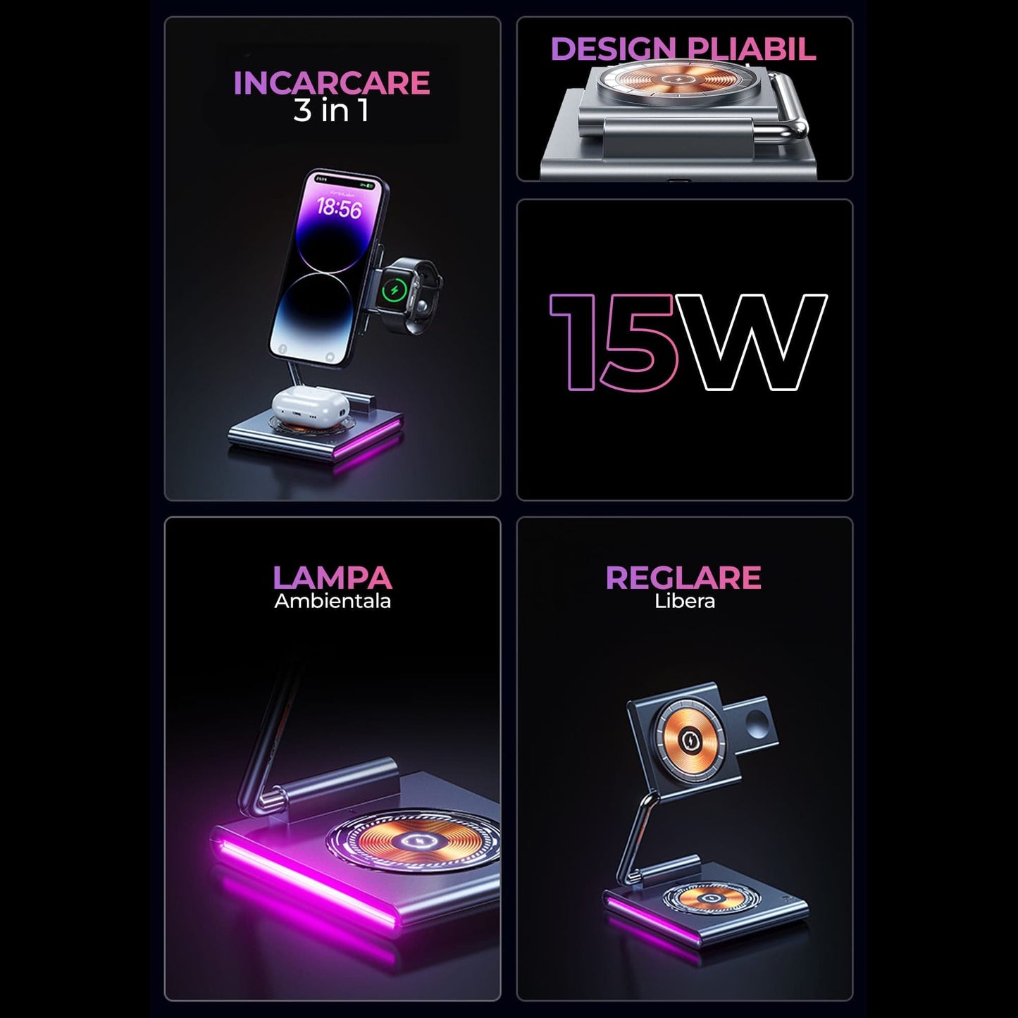 Incarcator Wireless 3 in 1 Timebox, 15W, Pliabil, lumina RGB, Samsung, Gri