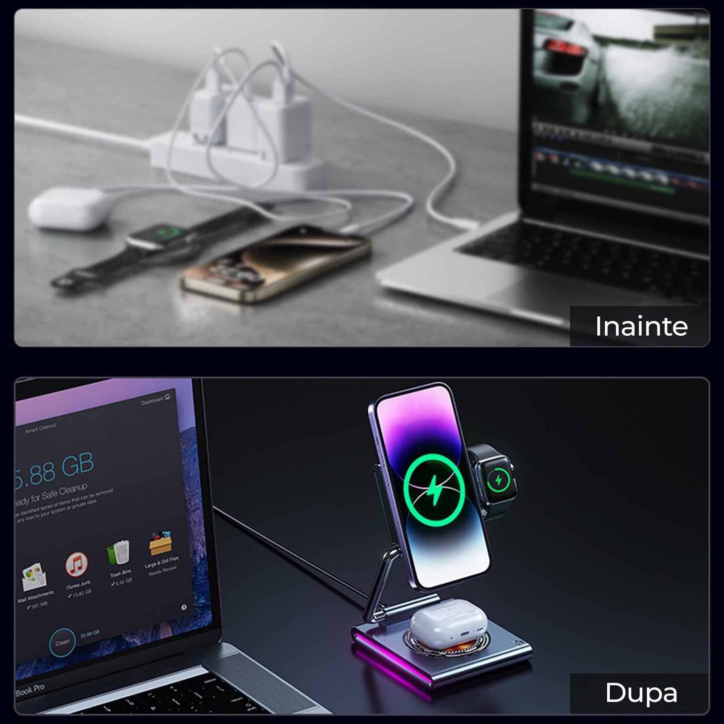 Incarcator Wireless 3 in 1 Timebox, 15W, Pliabil, lumina RGB, Samsung, Gri