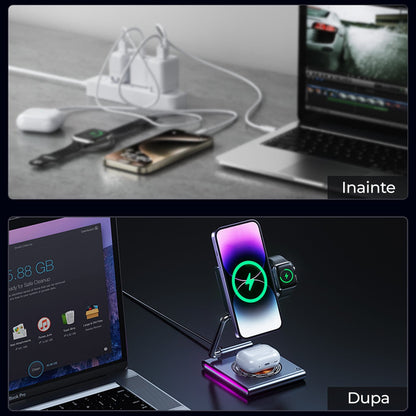 Incarcator Wireless 3 in 1 Timebox, 15W, Pliabil, lumina RGB, Samsung, Gri