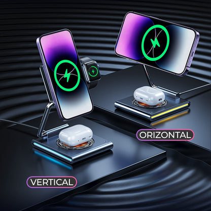 Incarcator Wireless 3 in 1 Timebox, 15W, Pliabil, lumina RGB, Samsung, Gri