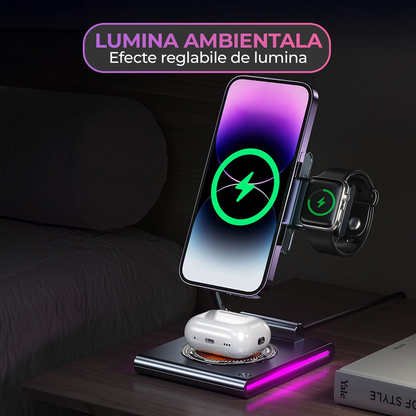 Incarcator Wireless 3 in 1 Timebox, 15W, Pliabil, lumina RGB, Samsung, Gri