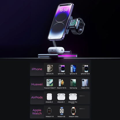 Incarcator Wireless 3 in 1 Timebox, 15W, Pliabil, lumina RGB, Samsung, Gri