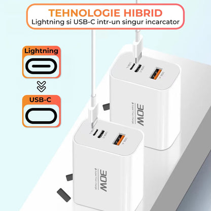Incarcator Retea Timebox, 3 Porturi, 30W, 1 x Type-C, 1 x USB, Alb