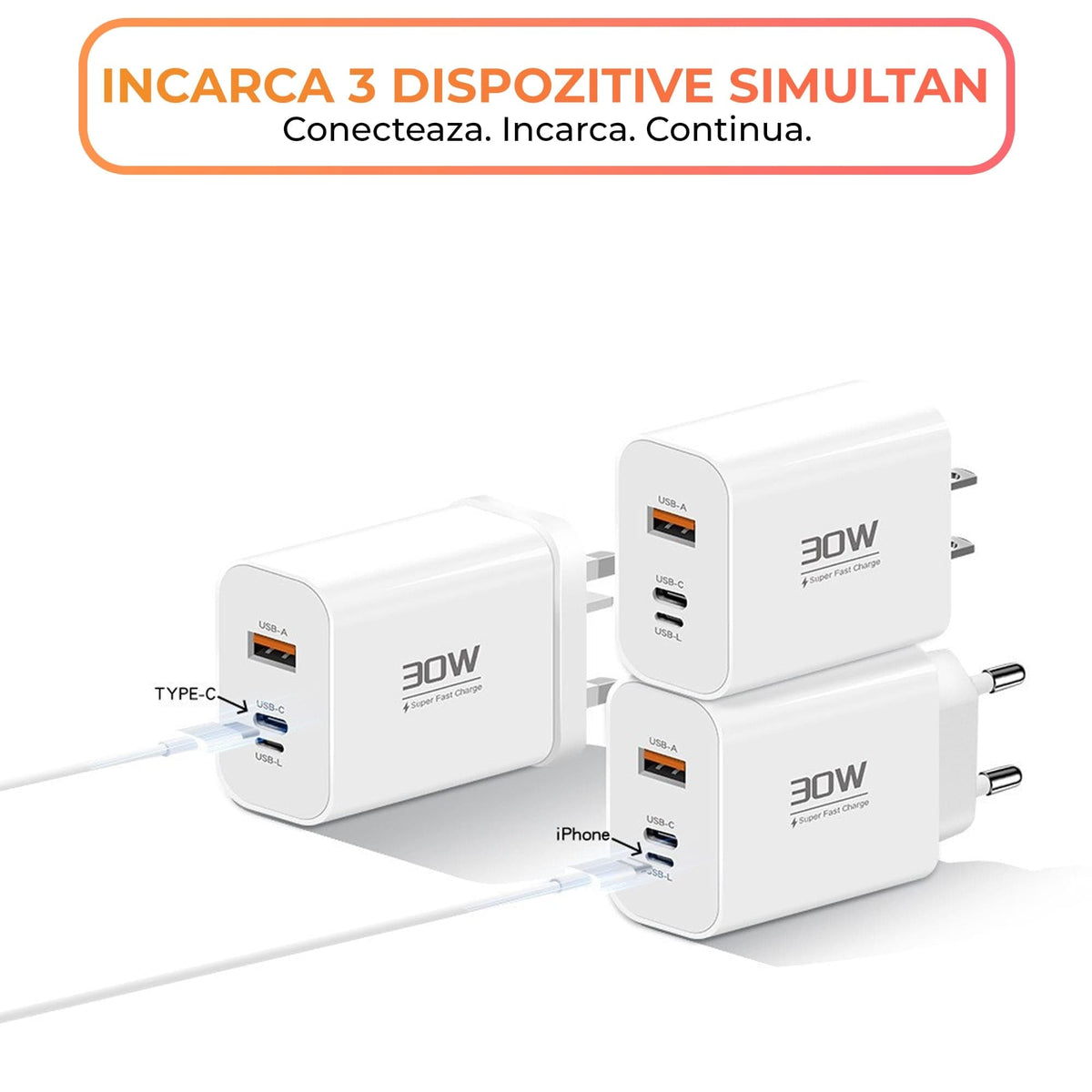 Incarcator Retea Timebox, 3 Porturi, 30W, 1 x Type-C, 1 x USB, Alb