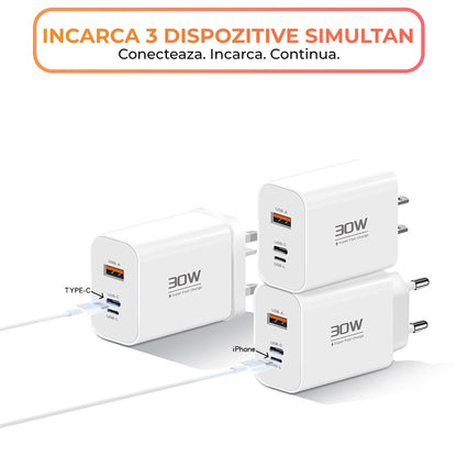 Incarcator Retea Timebox, 3 Porturi, 30W, 1 x Type-C, 1 x USB, Alb