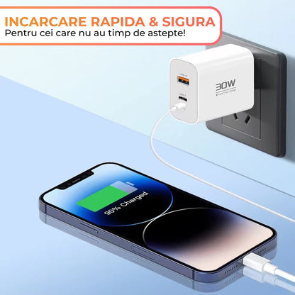 Incarcator Retea Timebox, 3 Porturi, 30W, 1 x Type-C, 1 x USB, Alb