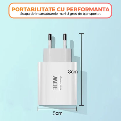 Incarcator Retea Timebox, 3 Porturi, 30W, 1 x Type-C, 1 x USB, Alb