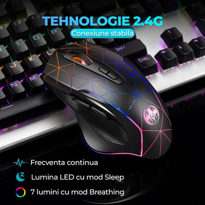 Mouse gaming Wireless cu Jiggler Timebox, 1600DPI, USB Reciver, RGB Led, Negru