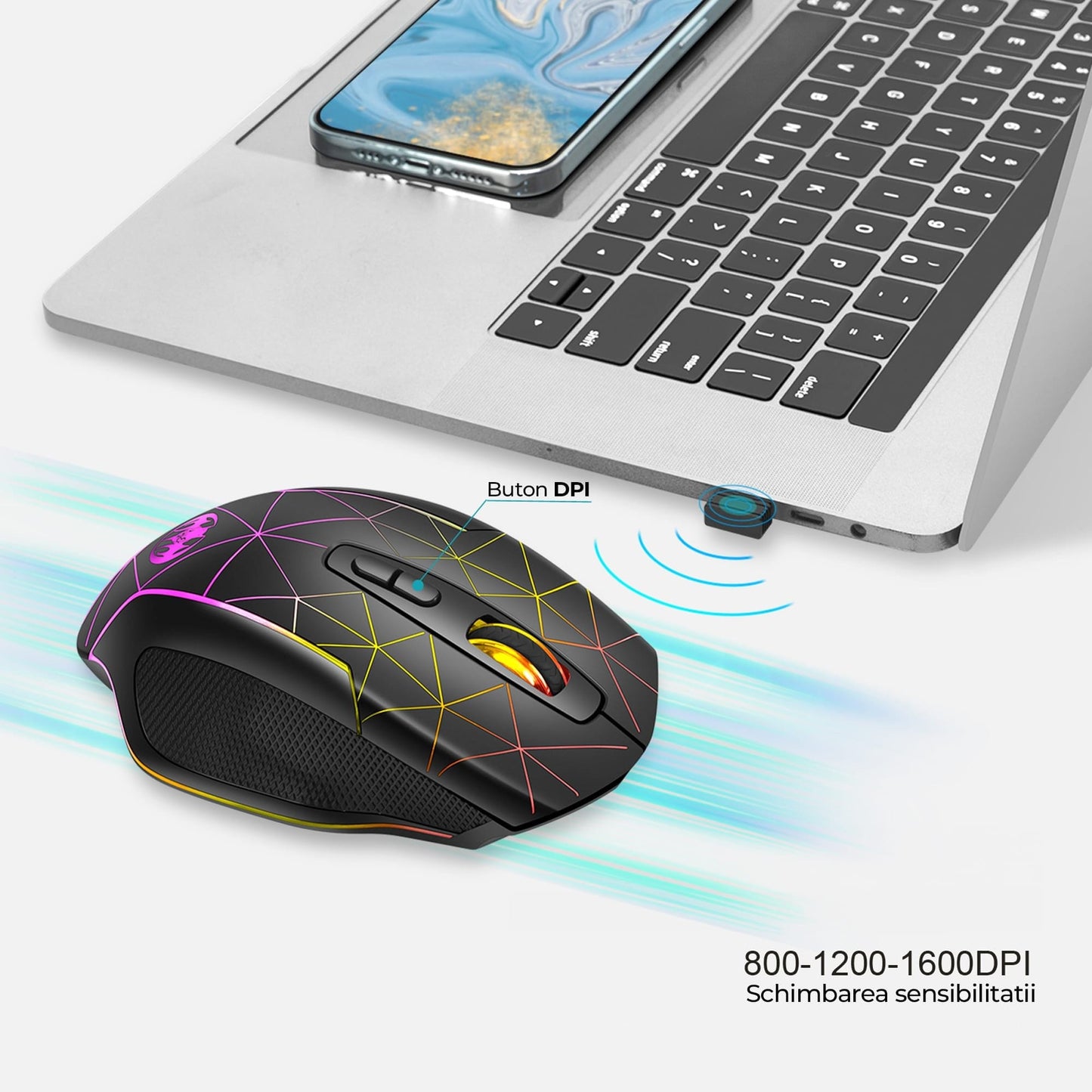 Mouse gaming Wireless cu Jiggler Timebox, 1600DPI, USB Reciver, RGB Led, Negru