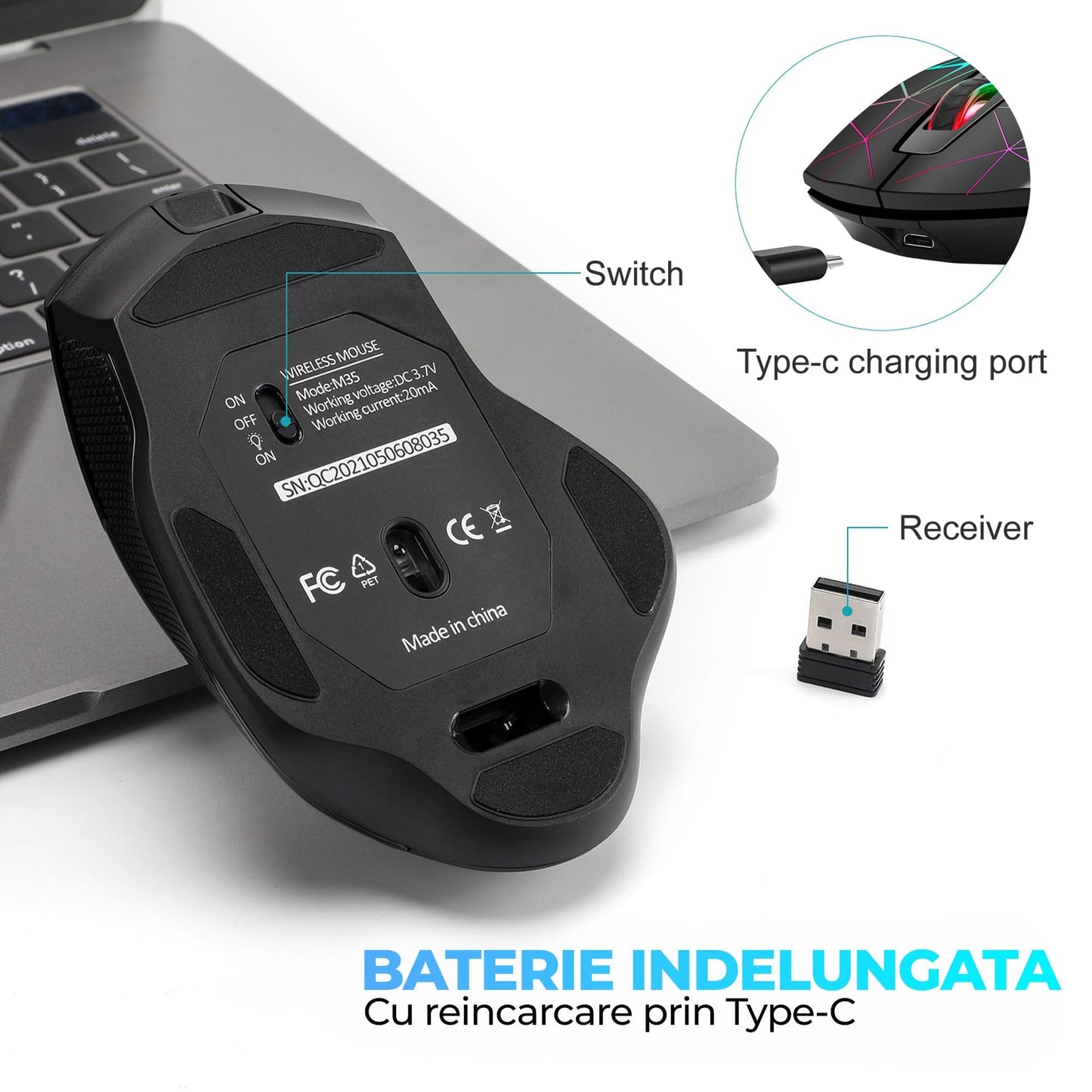 Mouse gaming Wireless cu Jiggler Timebox, 1600DPI, USB Reciver, RGB Led, Negru
