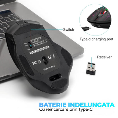Mouse gaming Wireless cu Jiggler Timebox, 1600DPI, USB Reciver, RGB Led, Negru