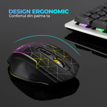 Mouse gaming Wireless cu Jiggler Timebox, 1600DPI, USB Reciver, RGB Led, Negru