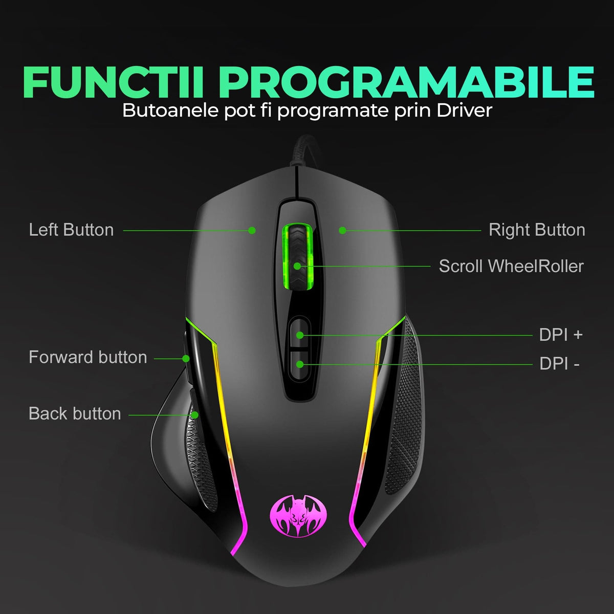 Mouse gaming Jiggler Timebox, RGB, 3 trepte DPI, USB, 4 GHz, RGB Led, Negru