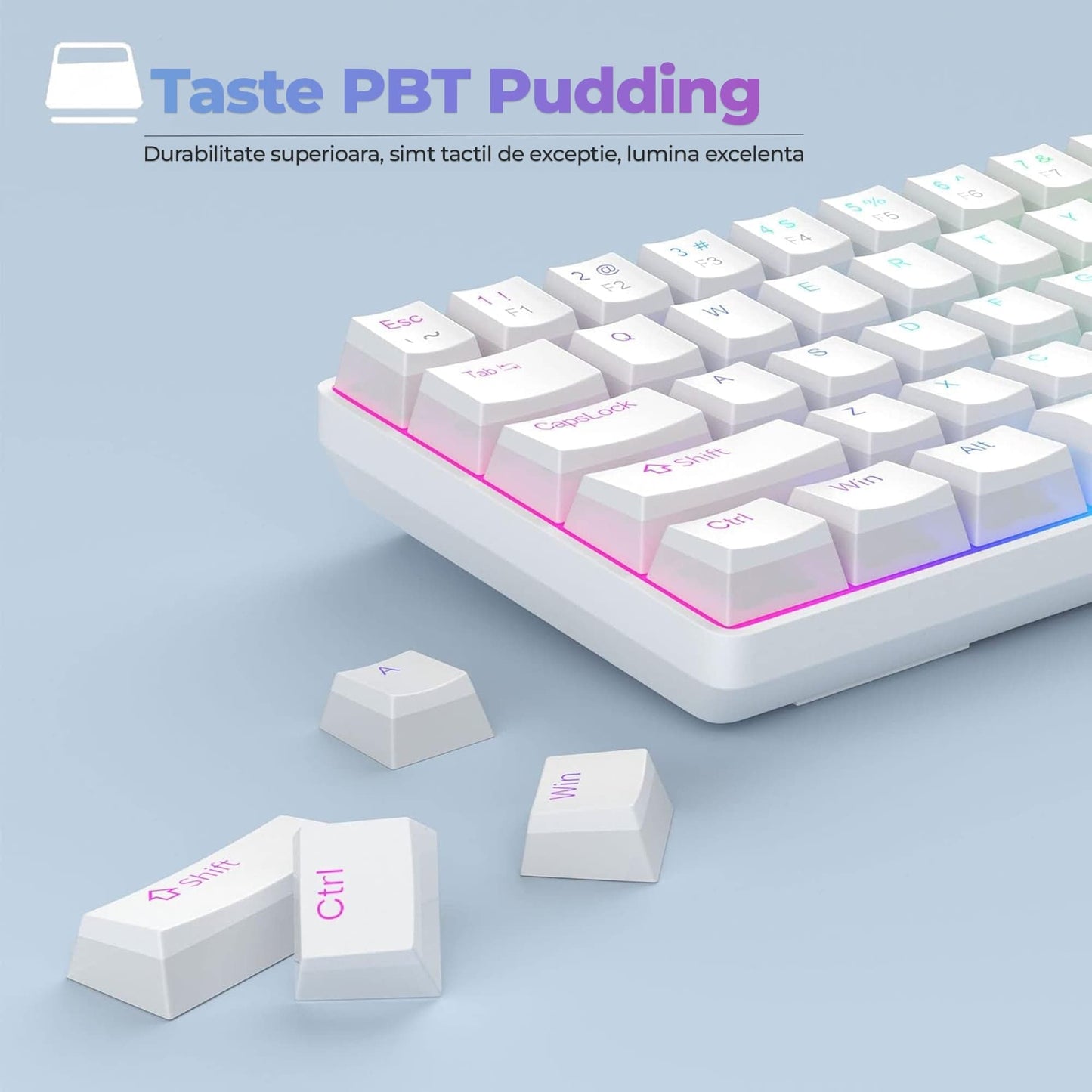 Tastatura Mecanica Gaming Timebox, Red Swtich, 60%, iluminare RGB, Alb