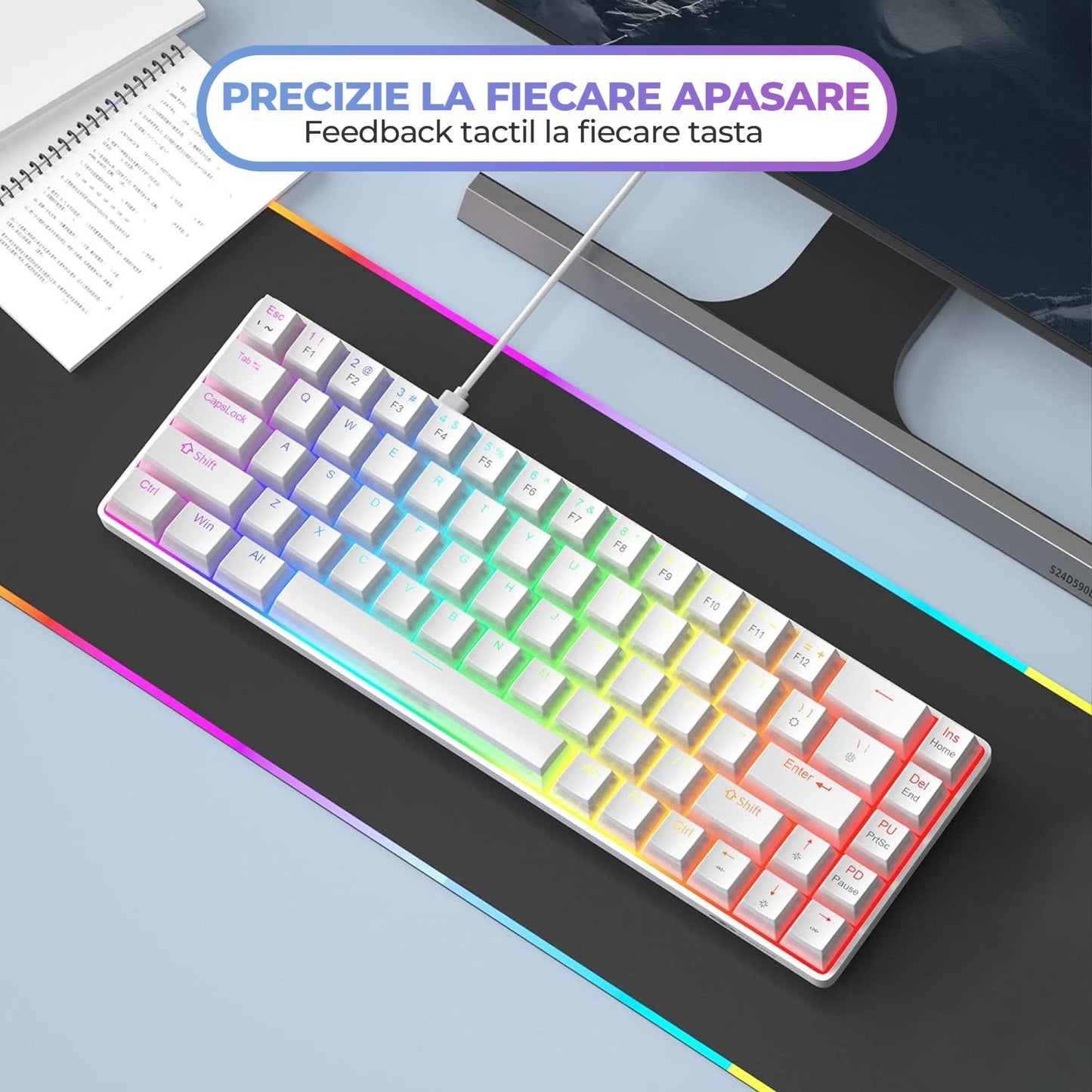 Tastatura Mecanica Gaming Timebox, Red Swtich, 60%, iluminare RGB, Alb