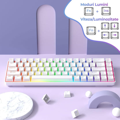 Tastatura Mecanica Gaming Timebox, Red Swtich, 60%, iluminare RGB, Alb