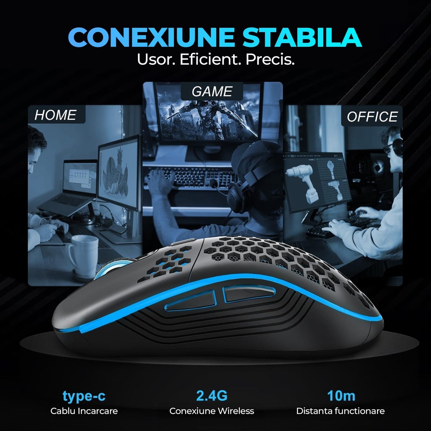 Mouse gaming wireless Timebox, 1600DPI, ultrausor 80g, USB Reciver 2, Negru