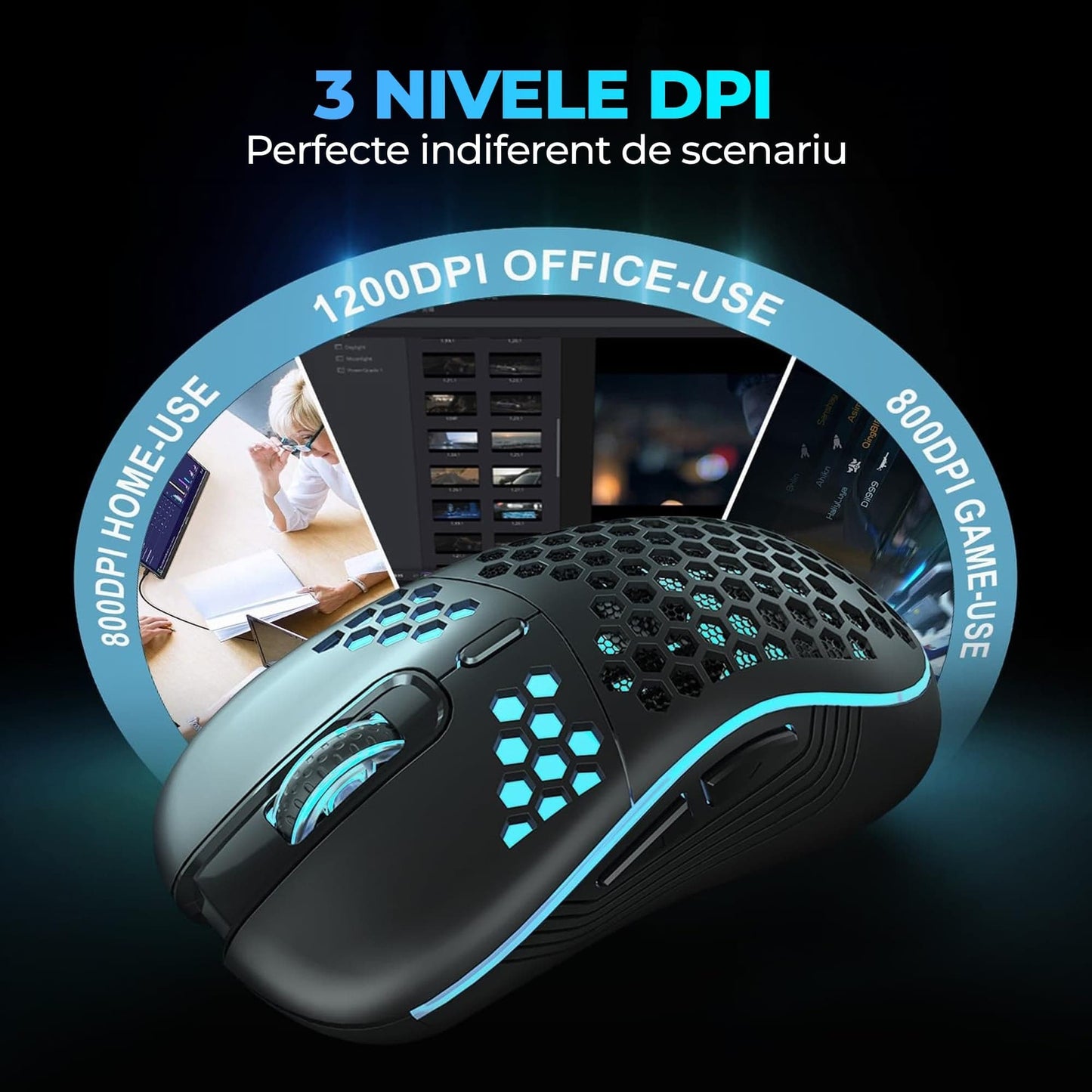 Mouse gaming wireless Timebox, 1600DPI, ultrausor 80g, USB Reciver 2, Negru