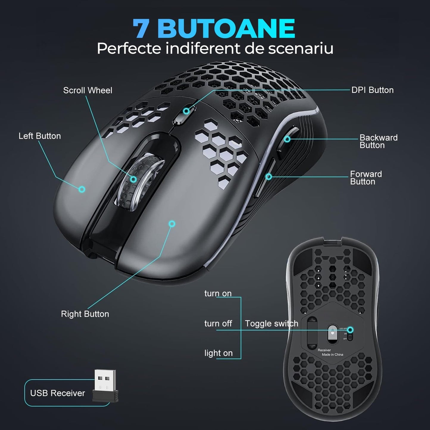 Mouse gaming wireless Timebox, 1600DPI, ultrausor 80g, USB Reciver 2, Negru
