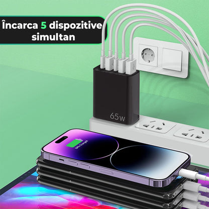 Incarcator Retea, 5 Porturi, 65W, 3 x USB, 2 x Type-C, Negru