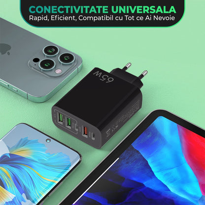 Incarcator Retea, 65W, 5 Porturi, 3 x USB, 2 x Type-C, Negru