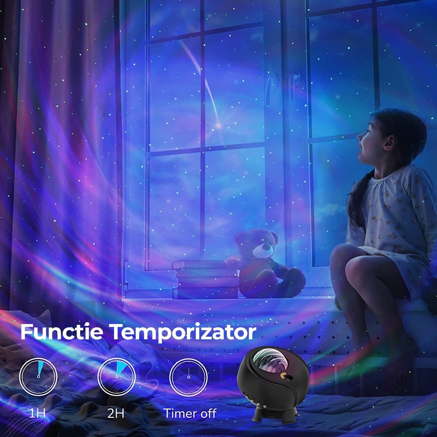 Lampa de veghe tip proiector stele Timebox, galaxii pentru camera, Negru