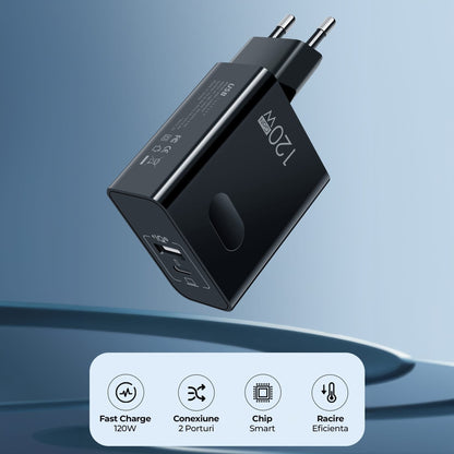 Incarcator Retea Timebox, 2 Porturi, 120W, 1 x Type-C, 1 x USB , C 3, Negru