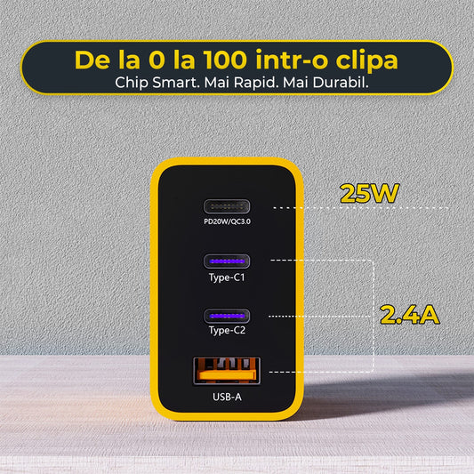 Incarcator Retea Timebox, 4 Porturi, 38W, 3 x Type-C, 1 x USB, Galben