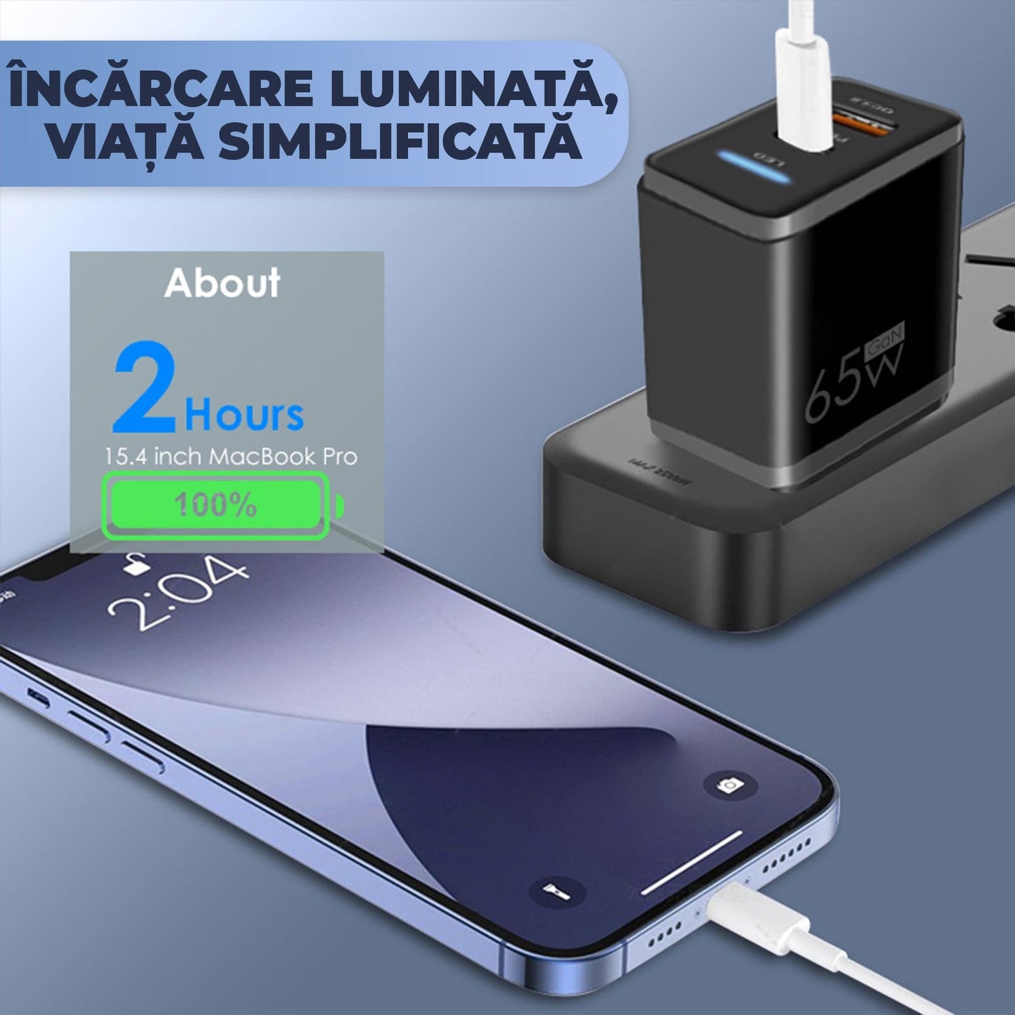 Incarcator Retea Timebox, 2 Porturi, 65W, 1 x Type-C, 1 x Q, C 3, LED, Negru