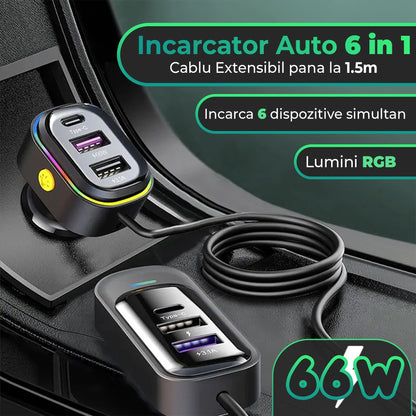 Incarcator auto 66W Super Fast Charge Timebox, 6 in 1, USB-C, USB, Negru