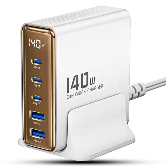 Incarcator Retea Timebox, 5 Porturi, 140W, 3 x Type-C, 2 x USB, Auriu