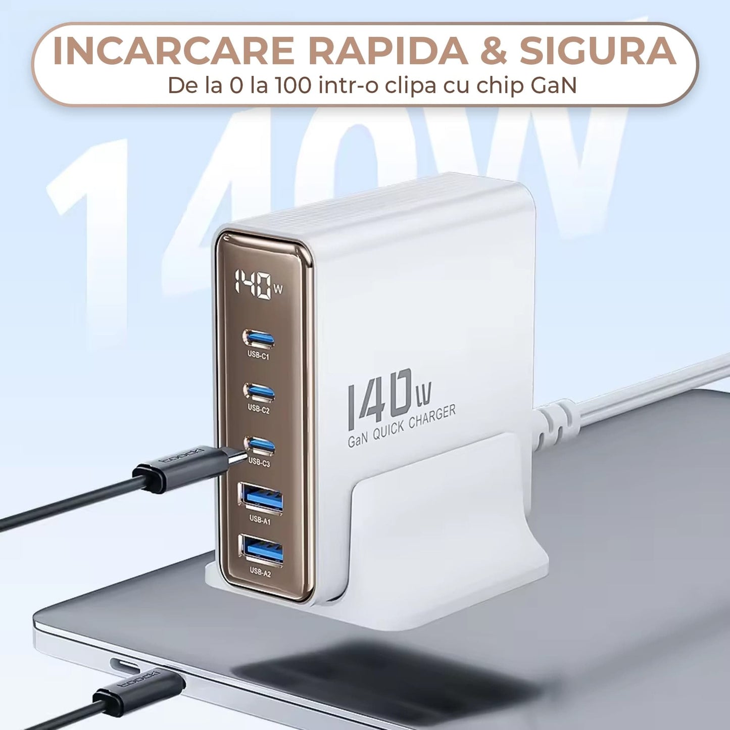 Incarcator Retea Timebox, 5 Porturi, 140W, 3 x Type-C, 2 x USB, Auriu