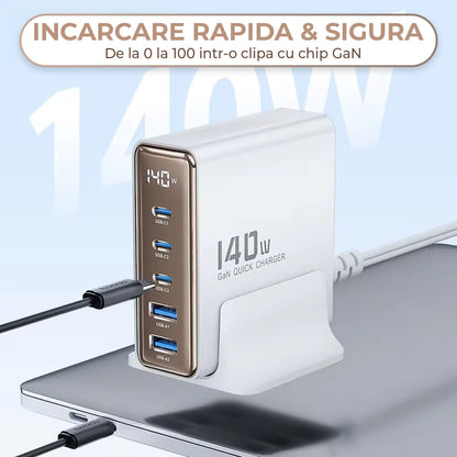 Incarcator Retea Timebox, 5 Porturi, 140W, 3 x Type-C, 2 x USB, Auriu