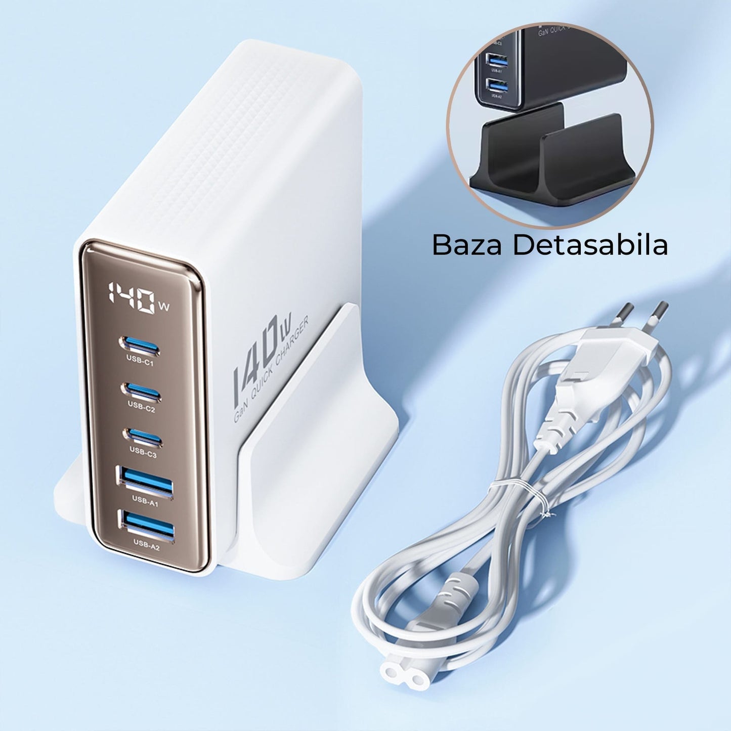 Incarcator Retea Timebox, 5 Porturi, 140W, 3 x Type-C, 2 x USB, Auriu