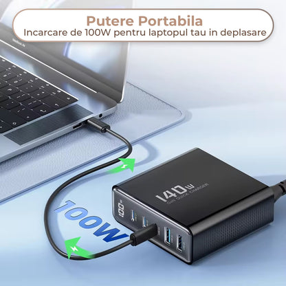 Incarcator Retea Timebox, 5 Porturi, 140W, 3 x Type-C, 2 x USB, Auriu