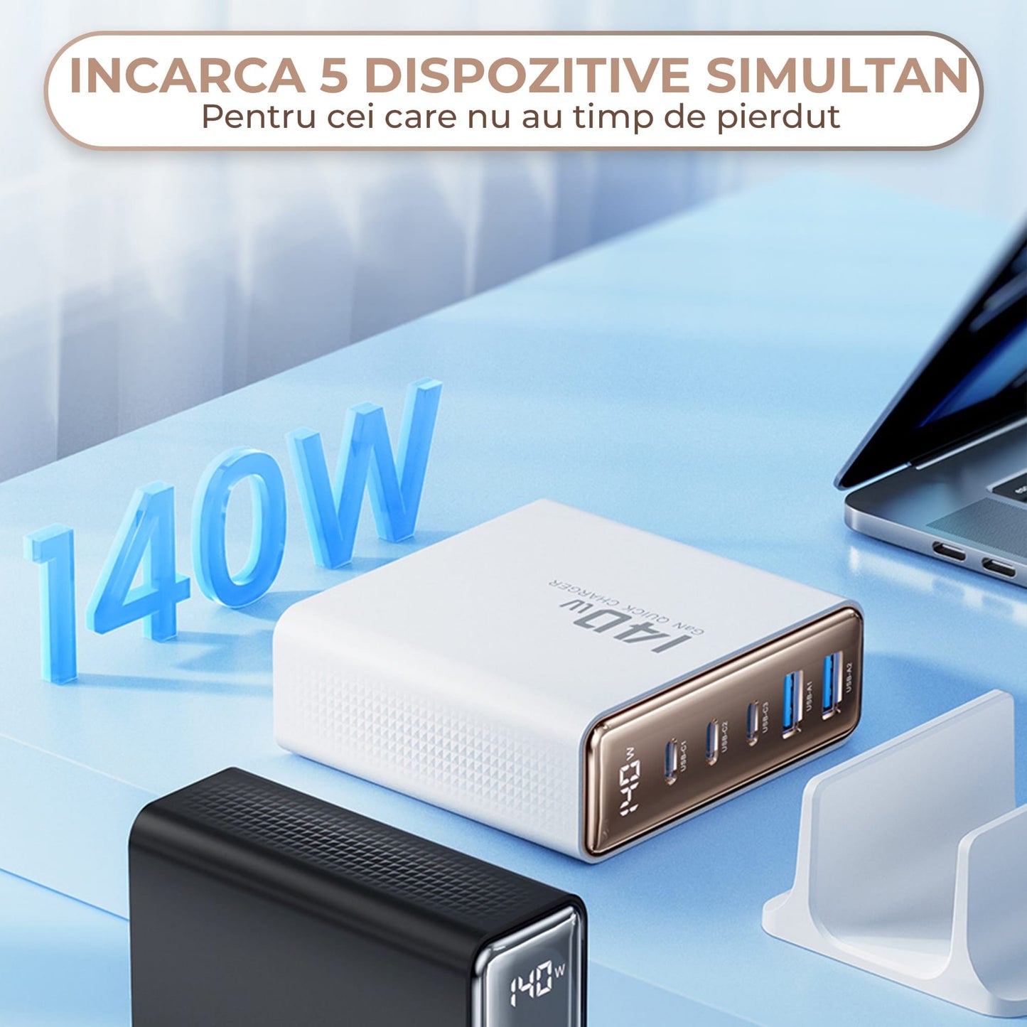 Incarcator Retea Timebox, 5 Porturi, 140W, 3 x Type-C, 2 x USB, Auriu