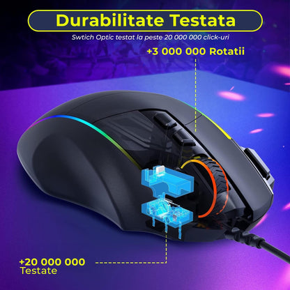 Mouse gaming Timebox, 5000 DPI, USB, Ergonomic, 1000Hz, RGB Led, Negru