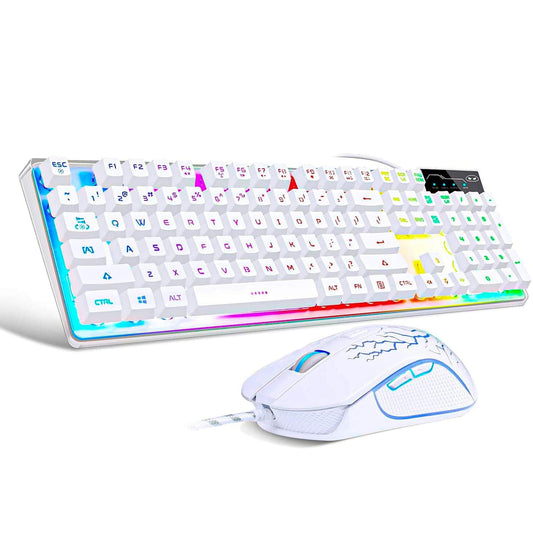 Kit Tastatura, Mouse Gaming RGB, 104 taste, 7 culori si moduri de iluminare, Alb
