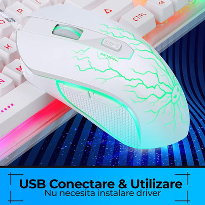 Kit Tastatura, Mouse Gaming RGB, 104 taste, 7 culori si moduri de iluminare, Alb