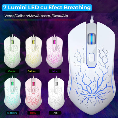 Kit Tastatura, Mouse Gaming RGB, 104 taste, 7 culori si moduri de iluminare, Alb