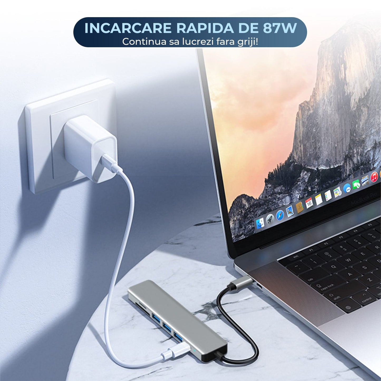 Hub USB 7 in 1 Timebox, Type-C, 1 x Port PD, 1 x USB 3, 2 x USB 2, Argintiu