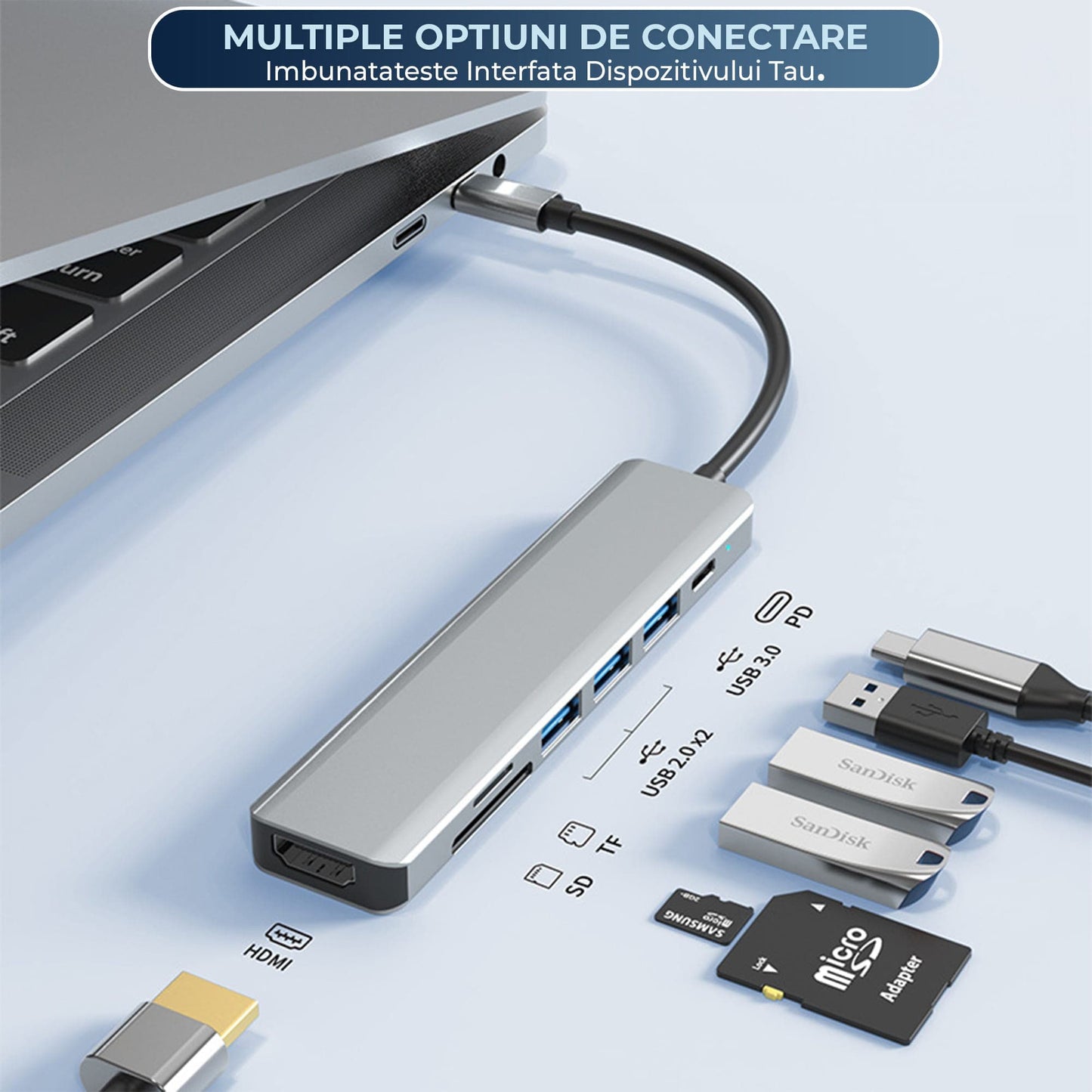 Hub USB 7 in 1 Timebox, Type-C, 1 x Port PD, 1 x USB 3, 2 x USB 2, Argintiu