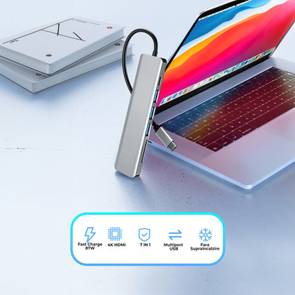 Hub USB 7 in 1 Timebox, Type-C, 1 x Port PD, 1 x USB 3, 2 x USB 2, Argintiu