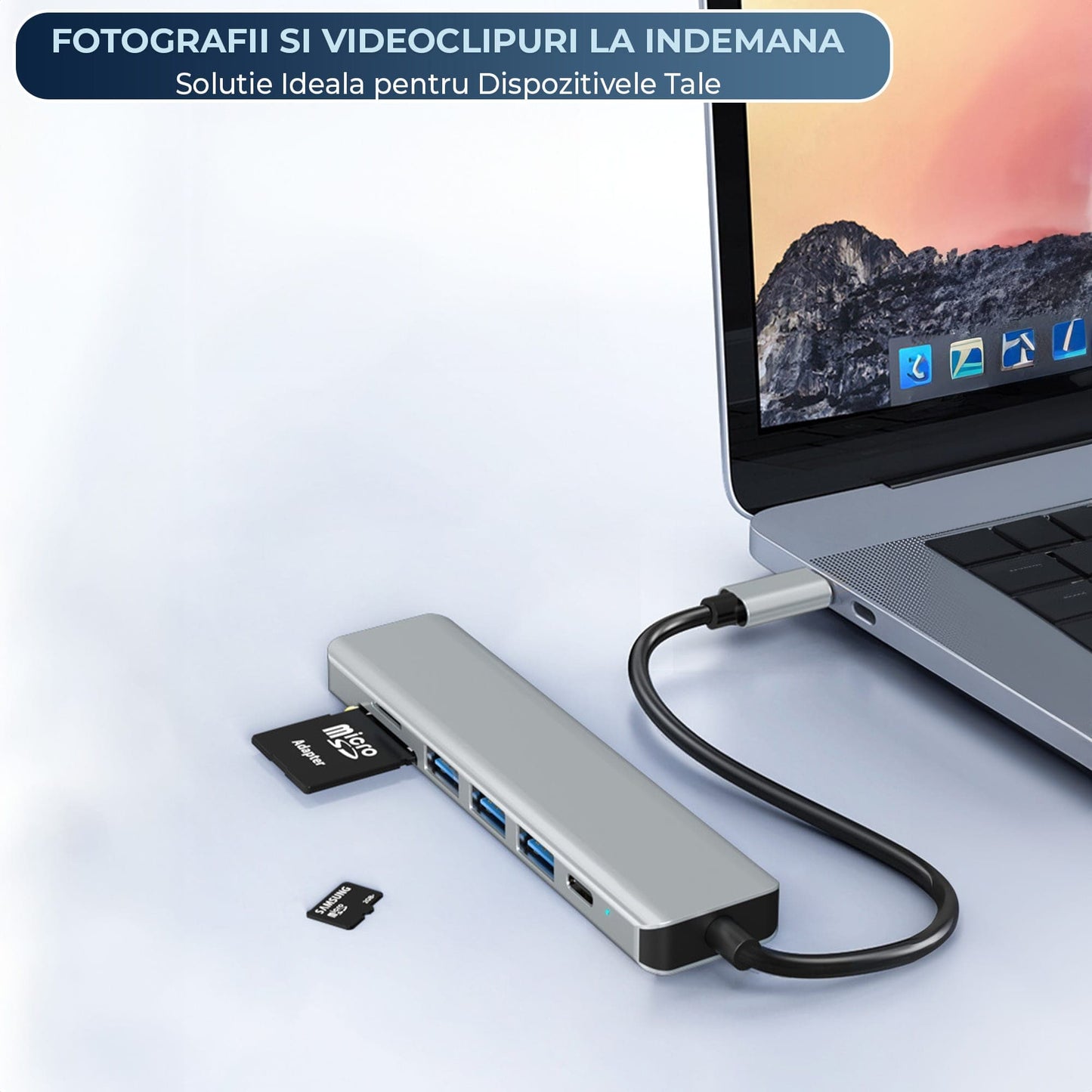 Hub USB 7 in 1 Timebox, Type-C, 1 x Port PD, 1 x USB 3, 2 x USB 2, Argintiu