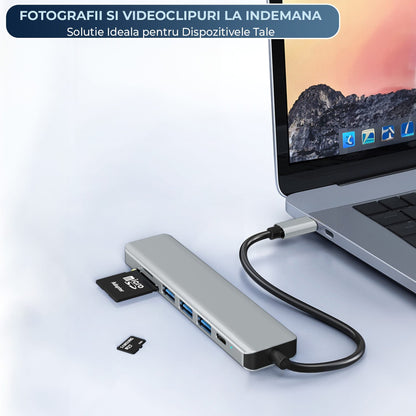 Hub USB 7 in 1 Timebox, Type-C, 1 x Port PD, 1 x USB 3, 2 x USB 2, Argintiu
