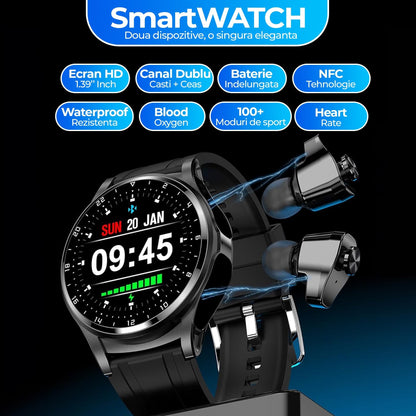 Ceas smartwatch cu casti bluetooth incorporate, monitorizare activitati fizice